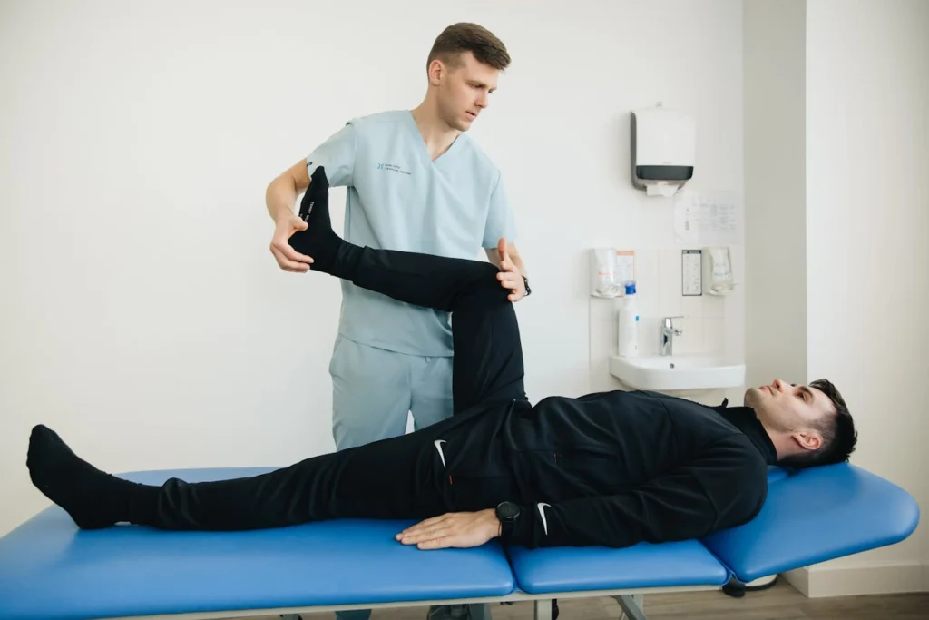 Close-up of a person experiencing knee pain, visualized through augmented reality with VFX highlighting the affected joint